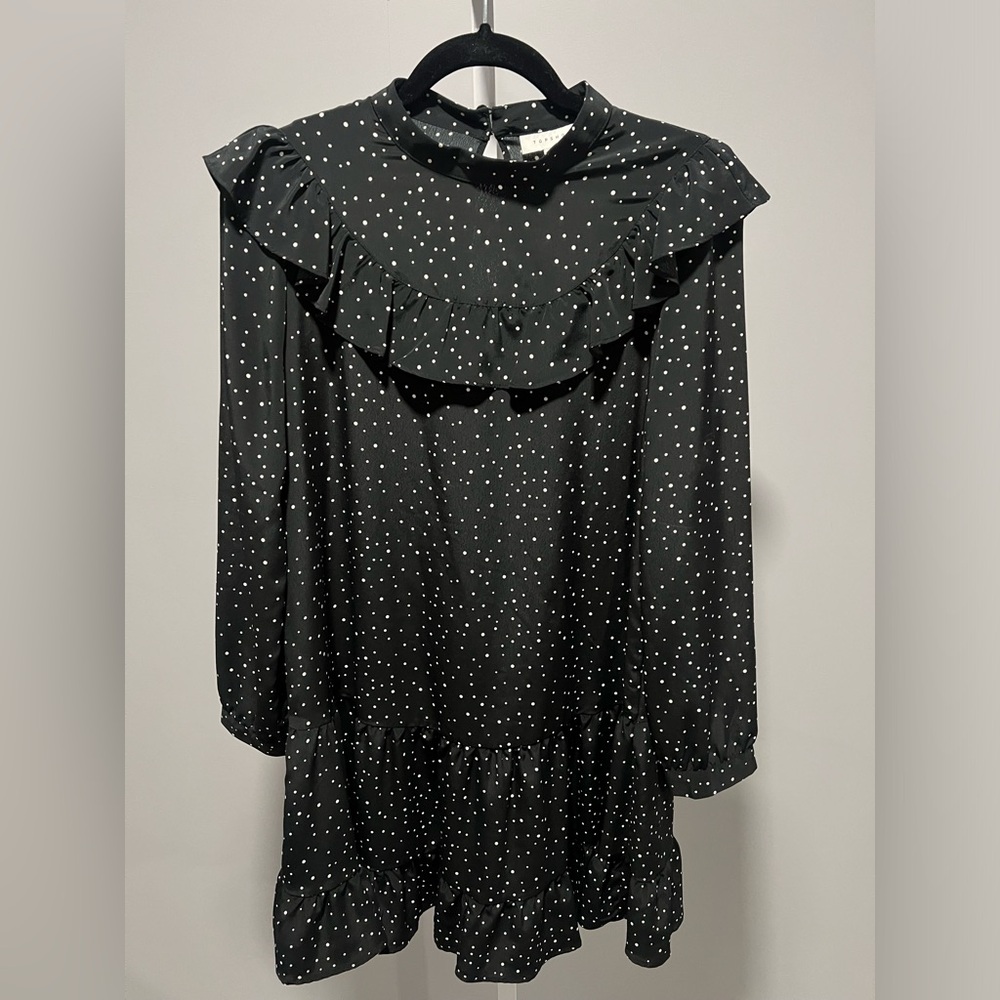Topshop Black White Polka Dot Ruffle Long Sleeve Dress Size 8